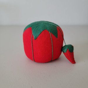 Vintage Red Tomato Pin Cushion with  Strawberry Emery
